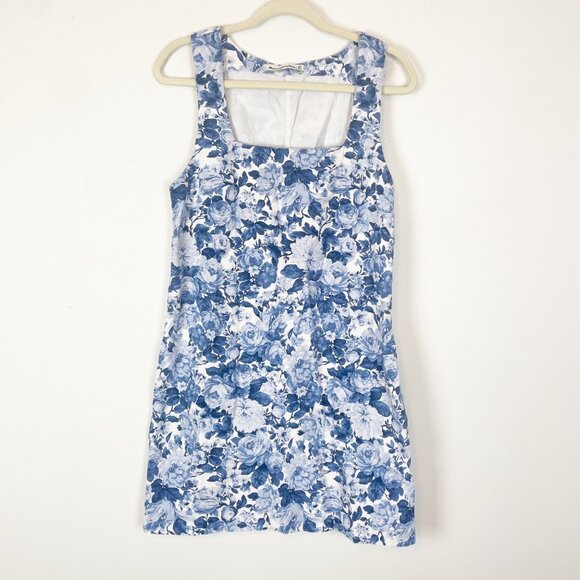 Abercrombie & Fitch Blue Floral Print Square Neck Linen/Cotton Mini Dress M Tall - Picture 2 of 9